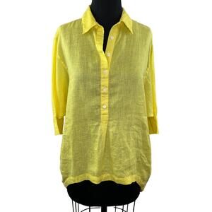 SI-IAE Yellow 100% Linen Button-Up Popover Tunic Top Long Sleeve Woven Shirt S